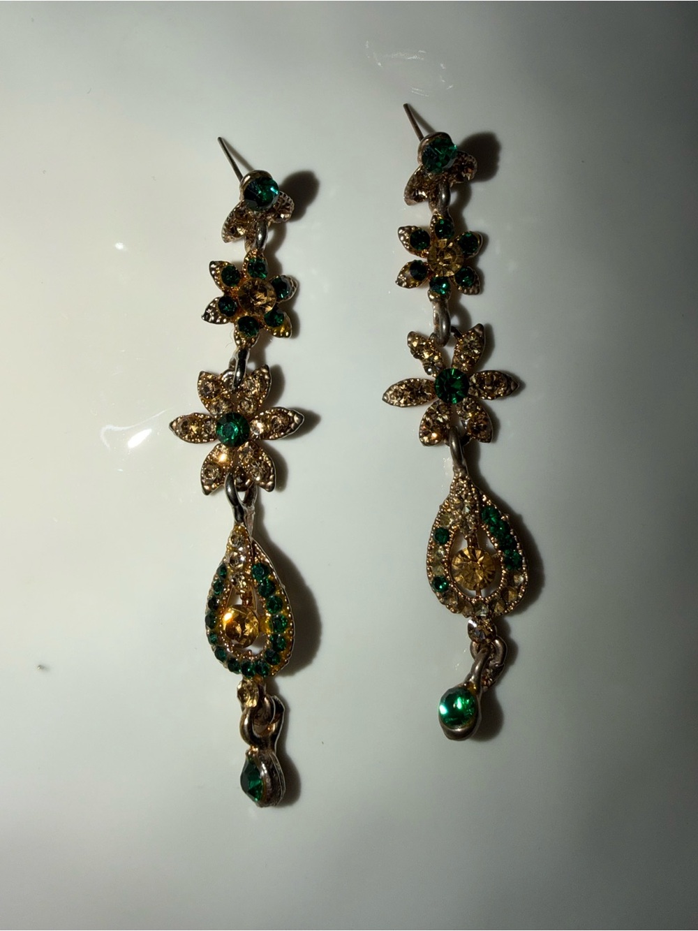 Green and gold floral drop earrings with gemstones Desi Indian heavy #floral